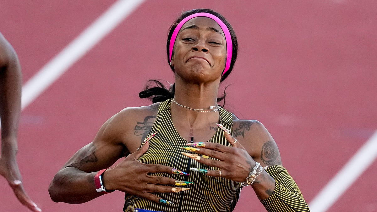  (AP Photo/Chris Carlson, File) : FILE - Sha'Carri Richardson celebrates her win in the wins women's 100-meter run final during the U.S. Track and Field Olympic Team Trials Saturday, June 22, 2024, in Eugene, Ore. Richardson makes her Olympic debut after her much-discussed and debated absence from the last Olympics due to a positive marijuana test.

